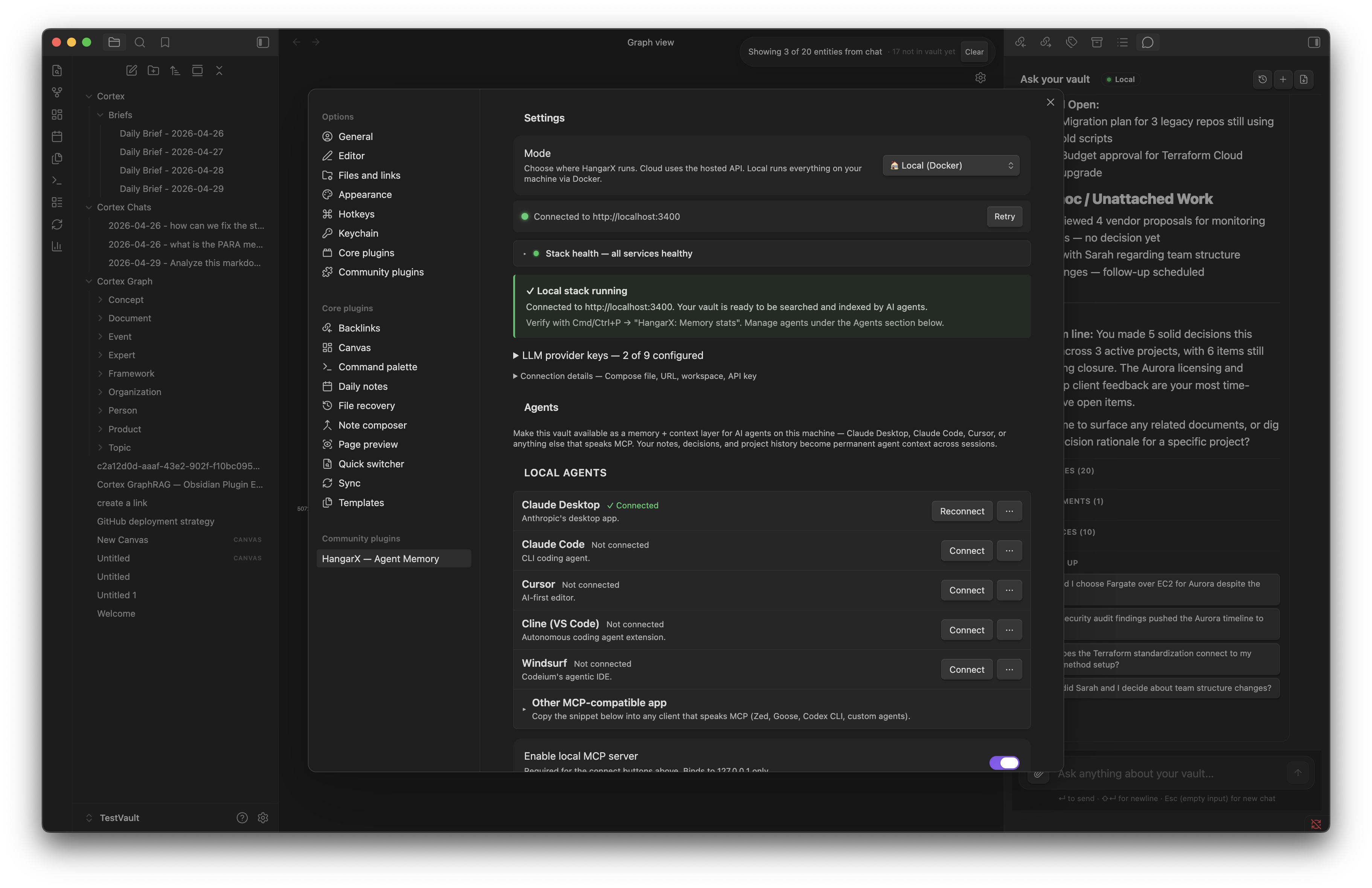 HangarX Agents settings panel showing one-click installers for Claude, Cursor, Cline, Windsurf