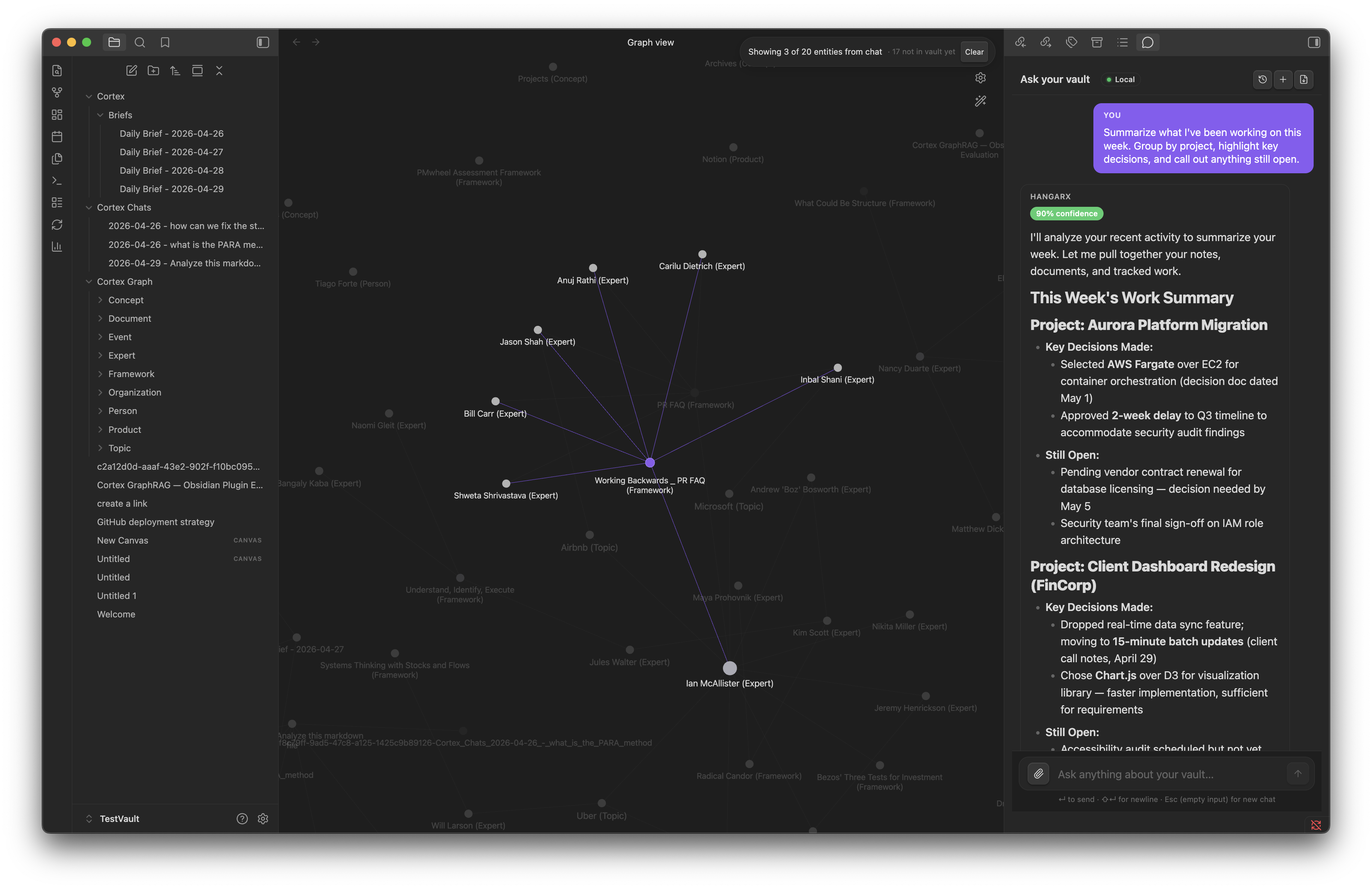 HangarX Ask your vault chat panel side-by-side with the Obsidian graph view