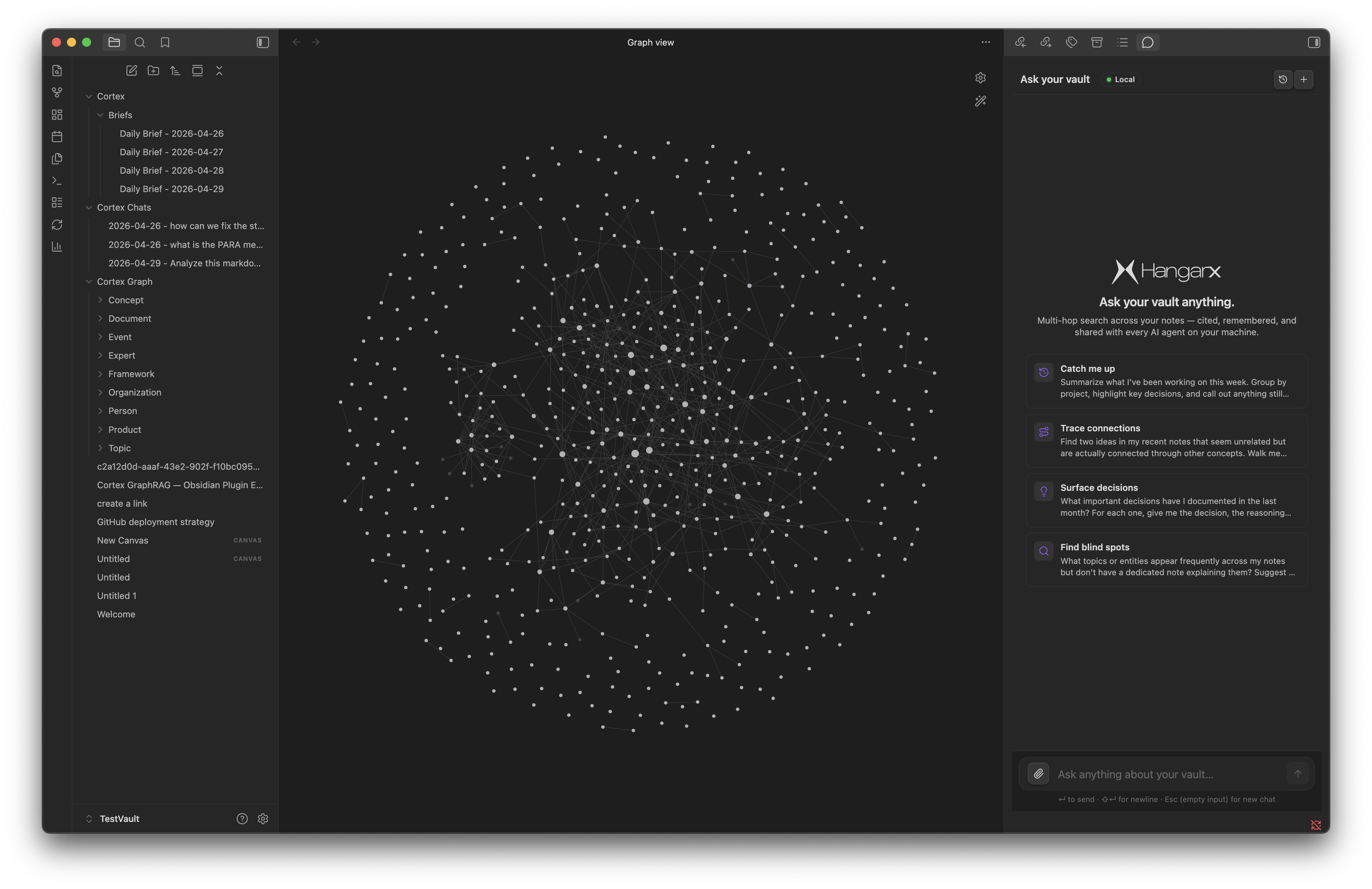 Obsidian graph view with HangarX-cited entities highlighted while the rest dim